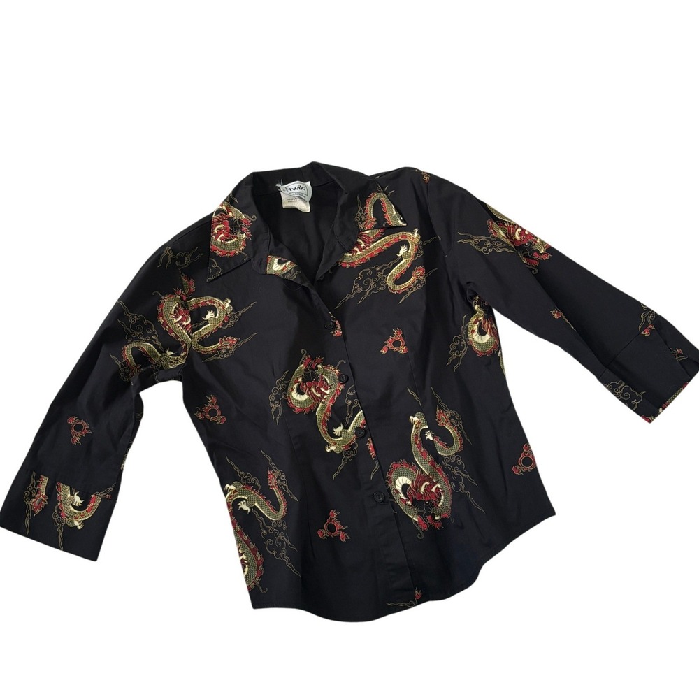 Y2K Twik La Maison Simons Dragon Print Button Down Shirt Black 3/4 Sleeve